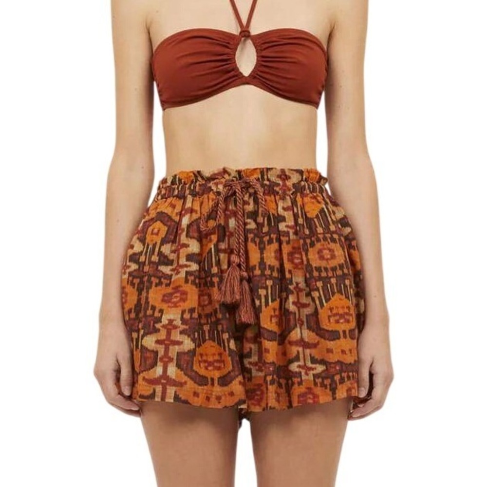 Ulla Johnson Bijou Shorts Womens Small Oak Orange Ikat Print Boho Tassel Resort